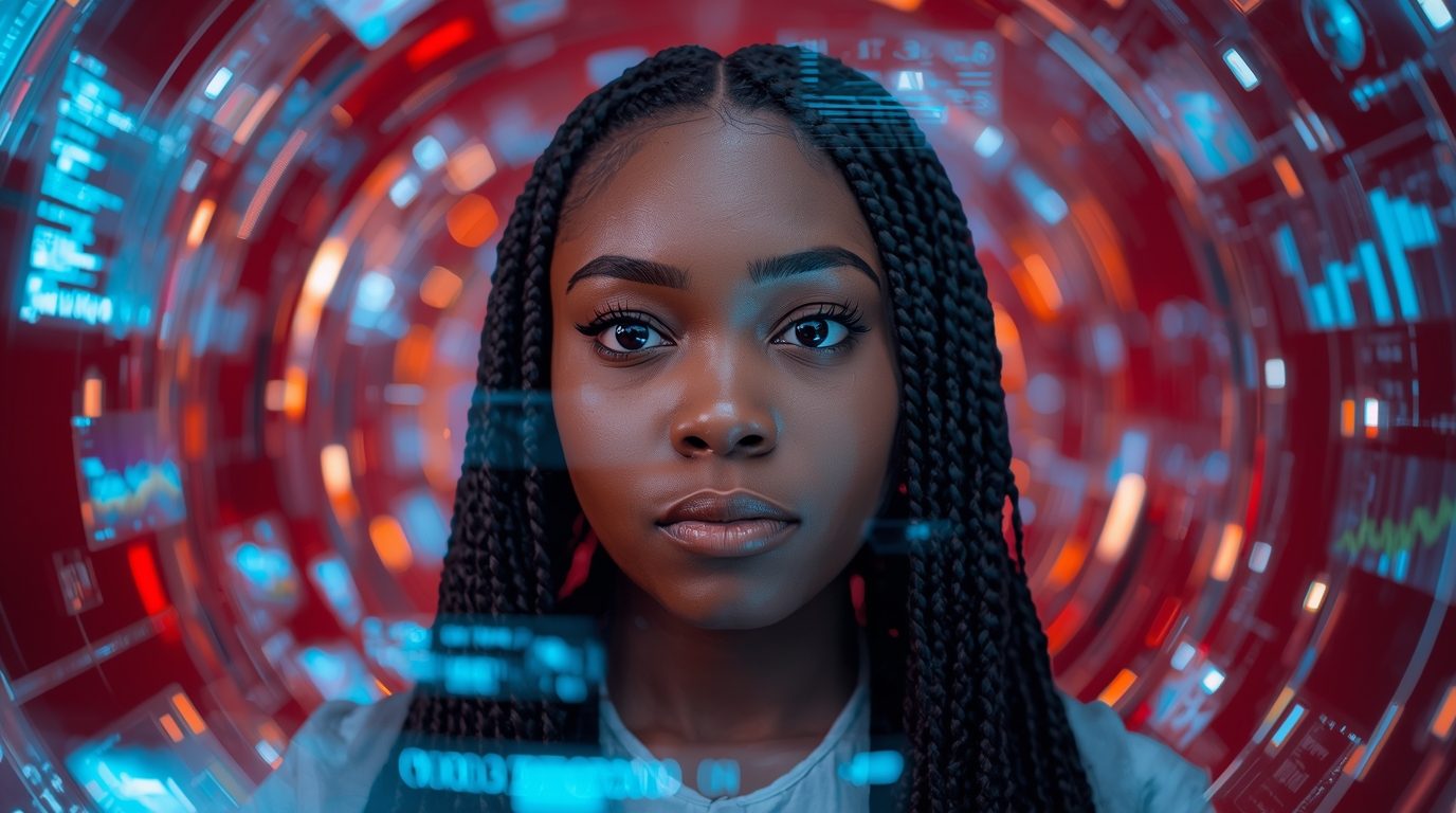 Black Woman surrounded by AI hologram tools, trying to make the best decision.