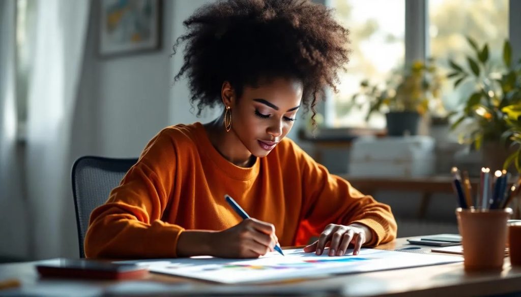 Black woman with an afro drawing at a desk