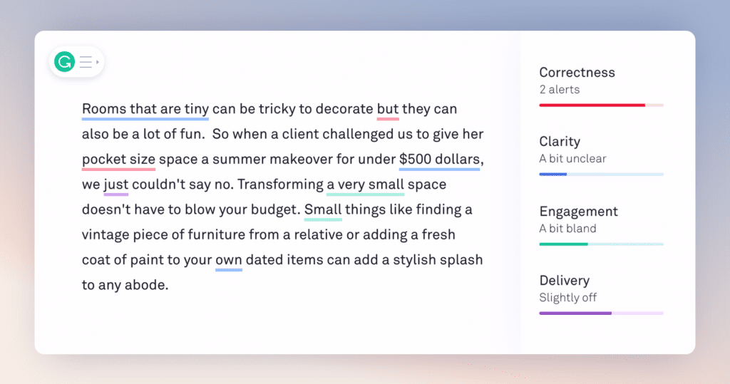 Grammarly writing assistant highlighting grammar and style corrections for academic writing