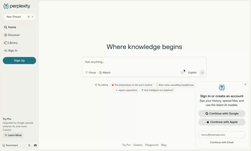 Perplexity AI user interface