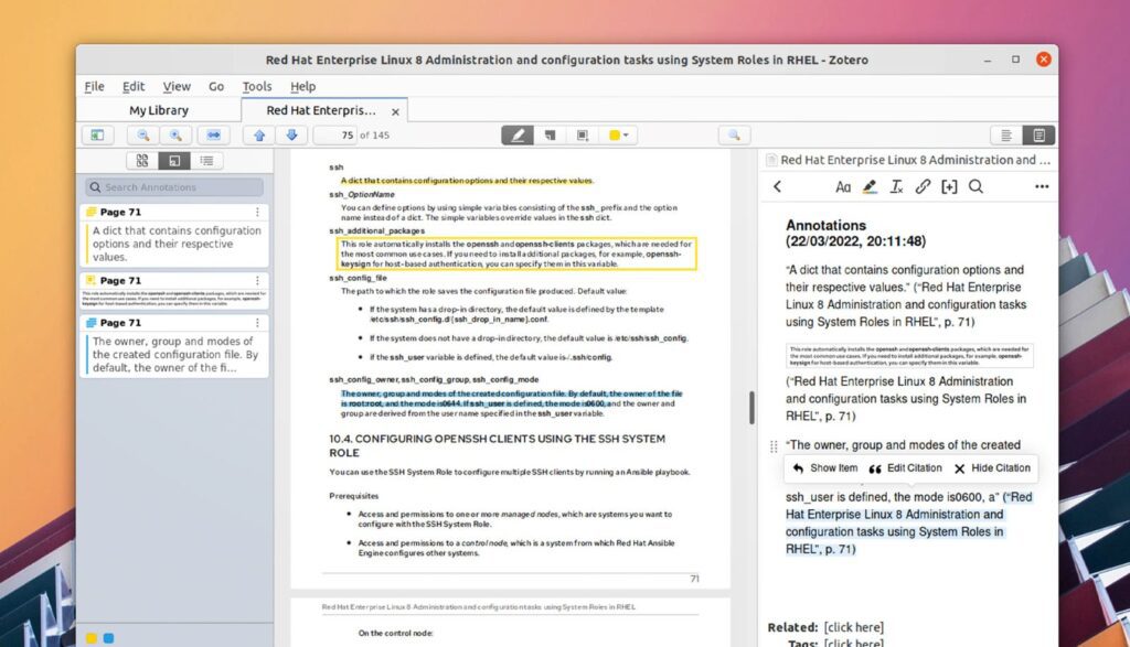 Zotero reference management tool organizing research sources and generating citations for academic papers
